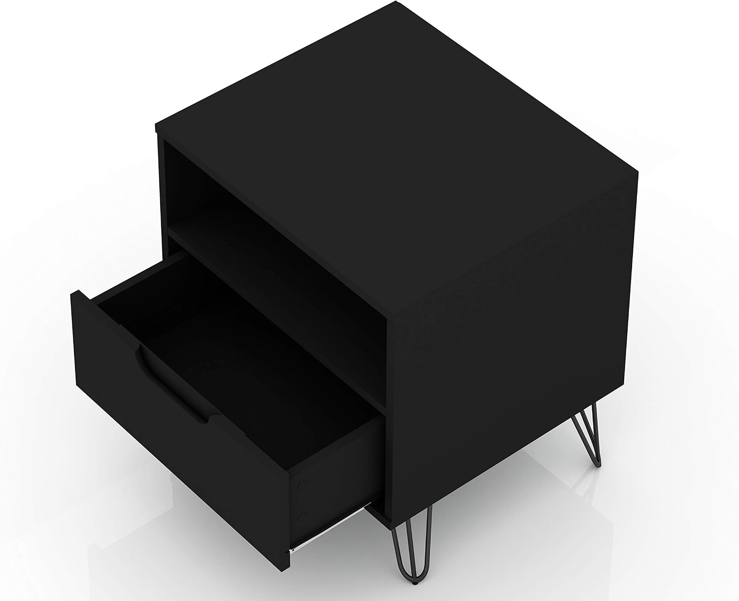 Manhattan Comfort Rockefeller Nightstand with Drawer and Cubby, Mid Century Modern Bedside Table, Minimalist Display and Storage Organizer, Ideal for Bedroom and Living Room, Black