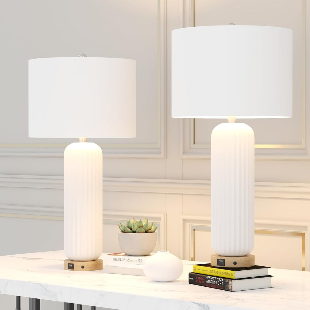 Maxax 28' Ceramic Table Lamps Set of 2, White Modern Nightstand Lamp with USB Charging Port, 3 Way Dimmable Bedside Lamp with Linen Shades for Bedroom, Living Room and Office