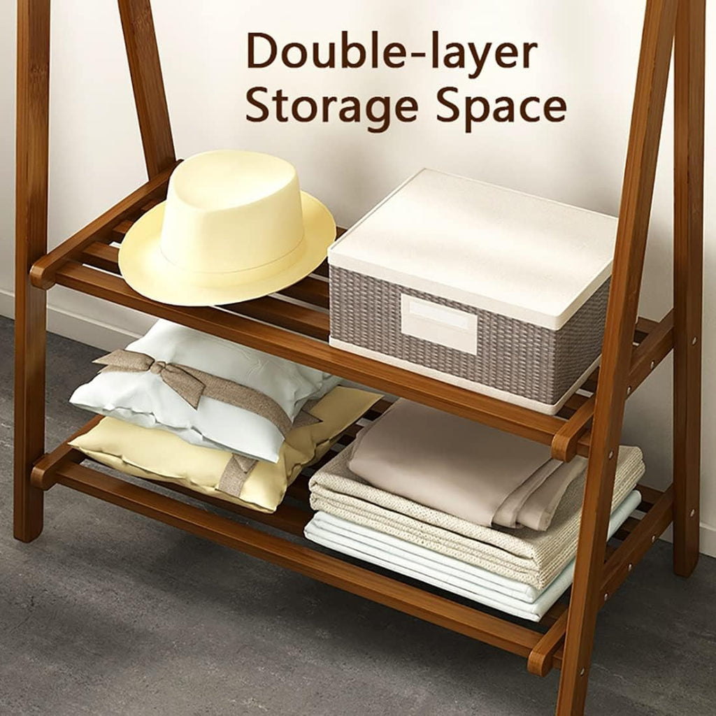 Coat Rack, Bamboo Garment Rack 2 Tier Storage Shelves Clothes Hanging Rack Free-Standing Multifunctional Clothing Rack Portable Wardrobe Closet Organizer Max Load 70kg