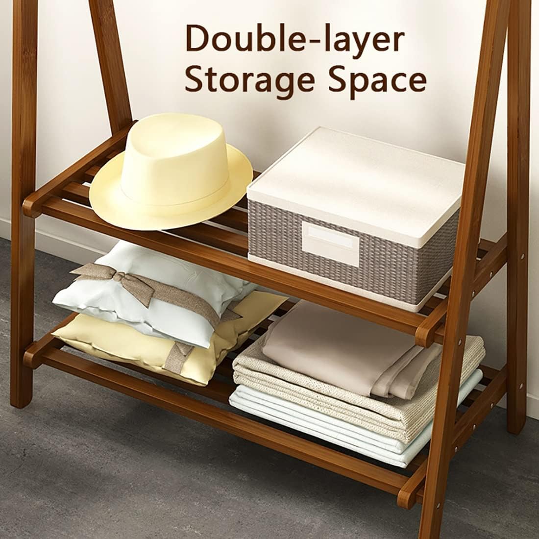 Coat Rack, Bamboo Garment Rack 2 Tier Storage Shelves Clothes Hanging Rack Free-Standing Multifunctional Clothing Rack Portable Wardrobe Closet Organizer Max Load 70kg