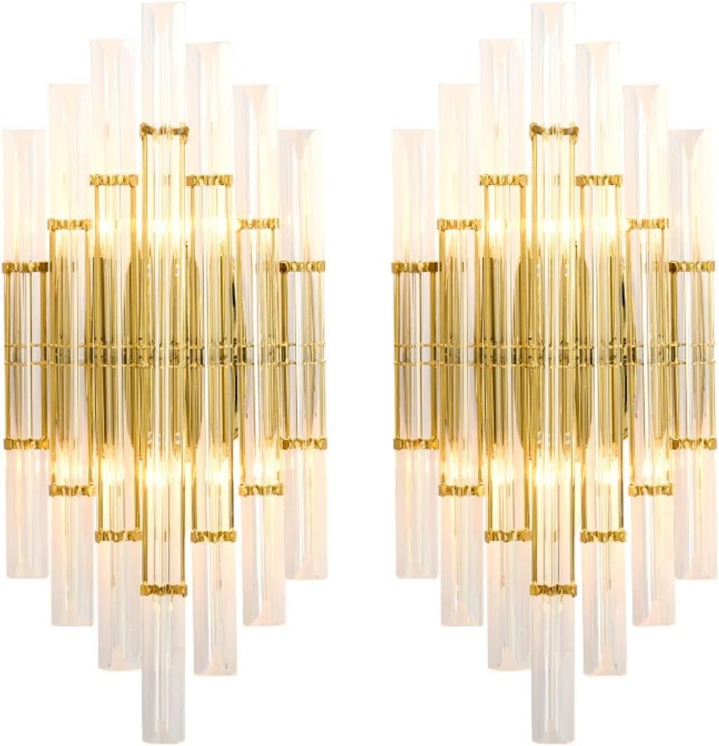 KCO Lighting Modern Crystal Wall Sconce Set of 2 Elegant Wall Mounted Light Fixture Gold Metal Wall Lamp with Clear Crystal for Bedroom Living Dining Room (Gold-2PC)