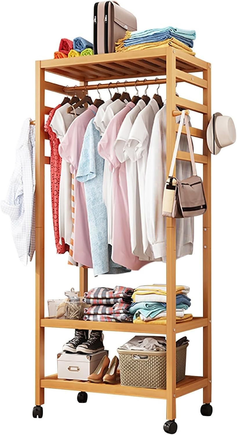 Versatile Mobile Garment Rack - Bamboo Freestanding Clothes Organizer for Hanging, Wardrobe Storage Closet with Wheel Perfect,with 4 Hooks/1 Top Rod & 3 Shelves,70 * 42 * 168CM