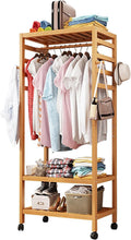 Versatile Mobile Garment Rack - Bamboo Freestanding Clothes Organizer for Hanging, Wardrobe Storage Closet with Wheel Perfect,with 4 Hooks/1 Top Rod & 3 Shelves,70 * 42 * 168CM