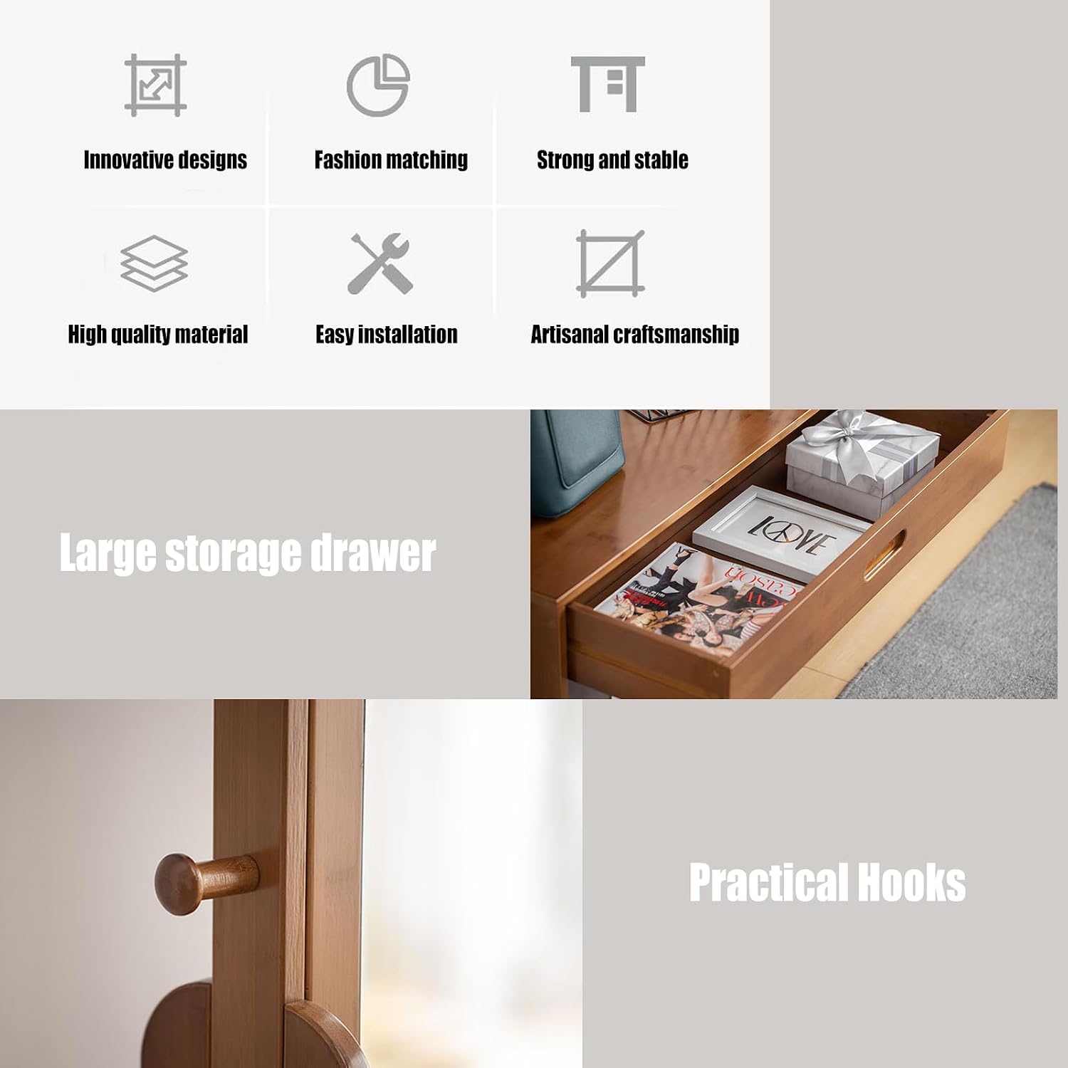 Bamboo Garment Coat Clothes Hanging Rack with Drawer Organizer Shelves, Multi-functional Clothing Storage Rack With Hooks for Bedroom, Laundry Room, Living-room
