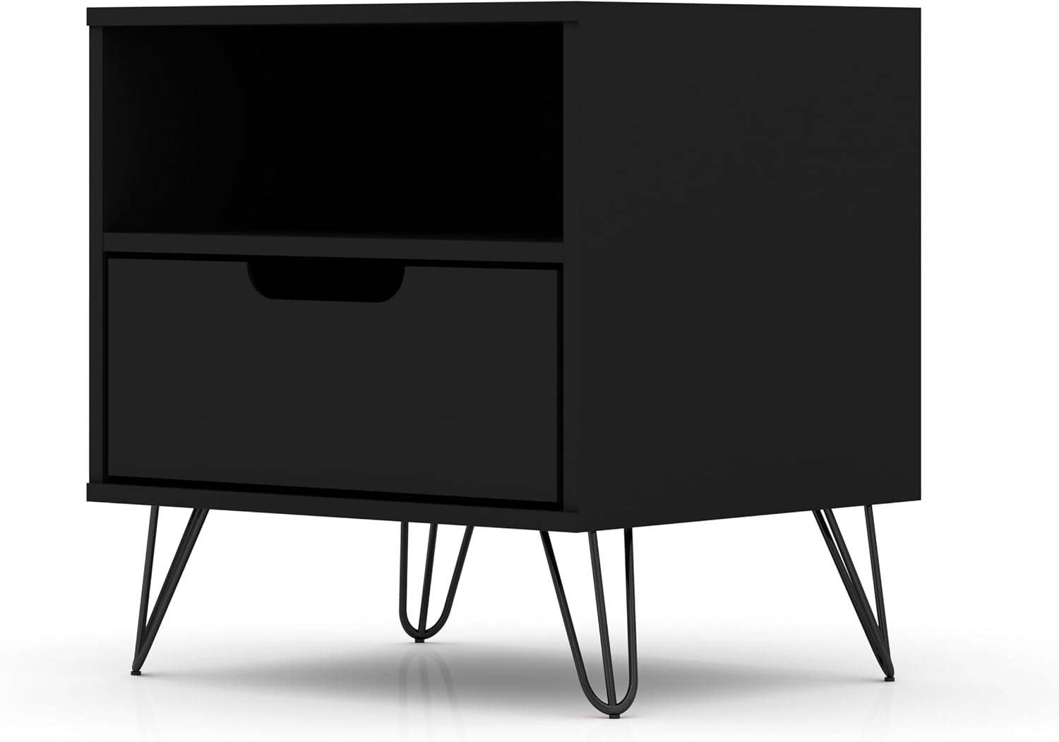 Manhattan Comfort Rockefeller Nightstand with Drawer and Cubby, Mid Century Modern Bedside Table, Minimalist Display and Storage Organizer, Ideal for Bedroom and Living Room, Black