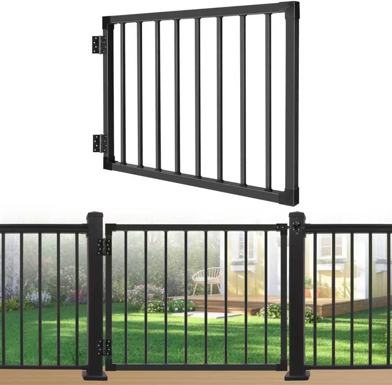Deck Fence Gate Outdoor, 38″ Gate for 42″ Deck, Black Heavy Duty Steel Anti-Rust Door with Cuttable Width (Up to 48'), Metal Gate for Residential, Yard, Patio, with Hinges and Latch