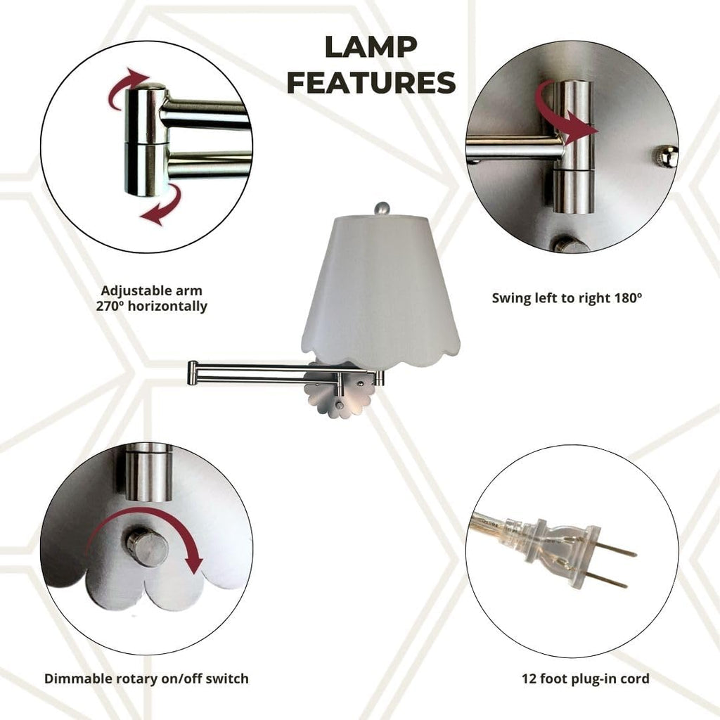 Royal Designs, Inc. Set of 2 Scalloped Swing-Arm Dimmable Wall Lamp - Brushed Nickel Lamp with Gray Scallop Hardback Lampshade