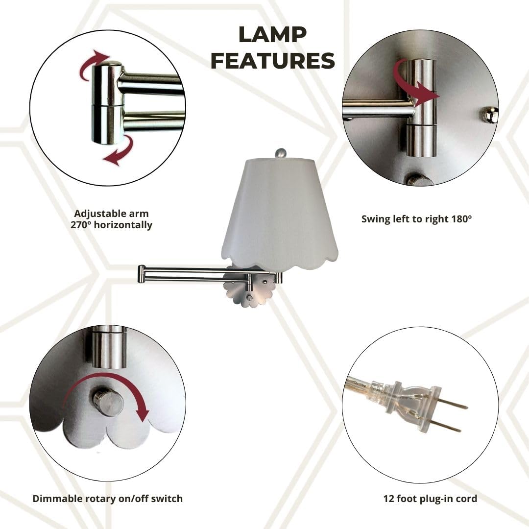 Royal Designs, Inc. Set of 2 Scalloped Swing-Arm Dimmable Wall Lamp - Brushed Nickel Lamp with Gray Scallop Hardback Lampshade