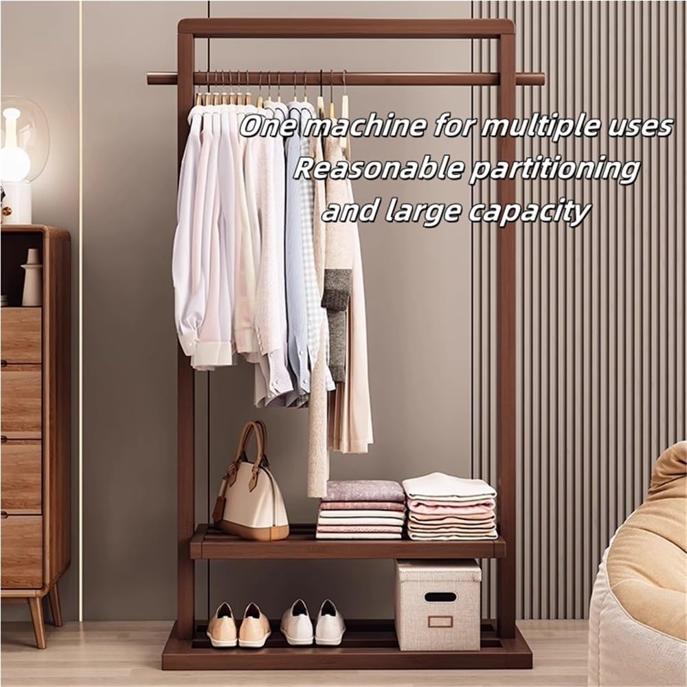 Bamboo Clothes Rack for Hanging Clothes, Freestanding Garment Rack with Double Shelves, Floor-Standing Clothing Organizer for Bedroom or Closet Storage(Brown,105cm-41.3in)