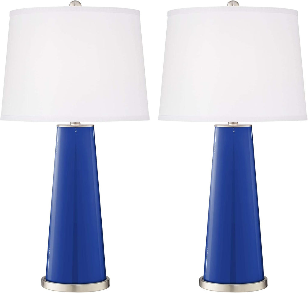 Color + Plus Leo 29 1/2' Tall Cylinder Modern Coastal End Table Lamps Set of 2 Dazzling Blue Brushed Nickel Finish Glass White Shade Living Room Bedroom Bedside Nightstand House Office Home Reading