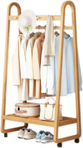 Bamboo Coat Clothes Hanging Rail on Wheels with Hooks and Shoes Storage Shelf Multifunctional Garment Rack Stand for Bedroom and Living Room (Walnut 50CM)