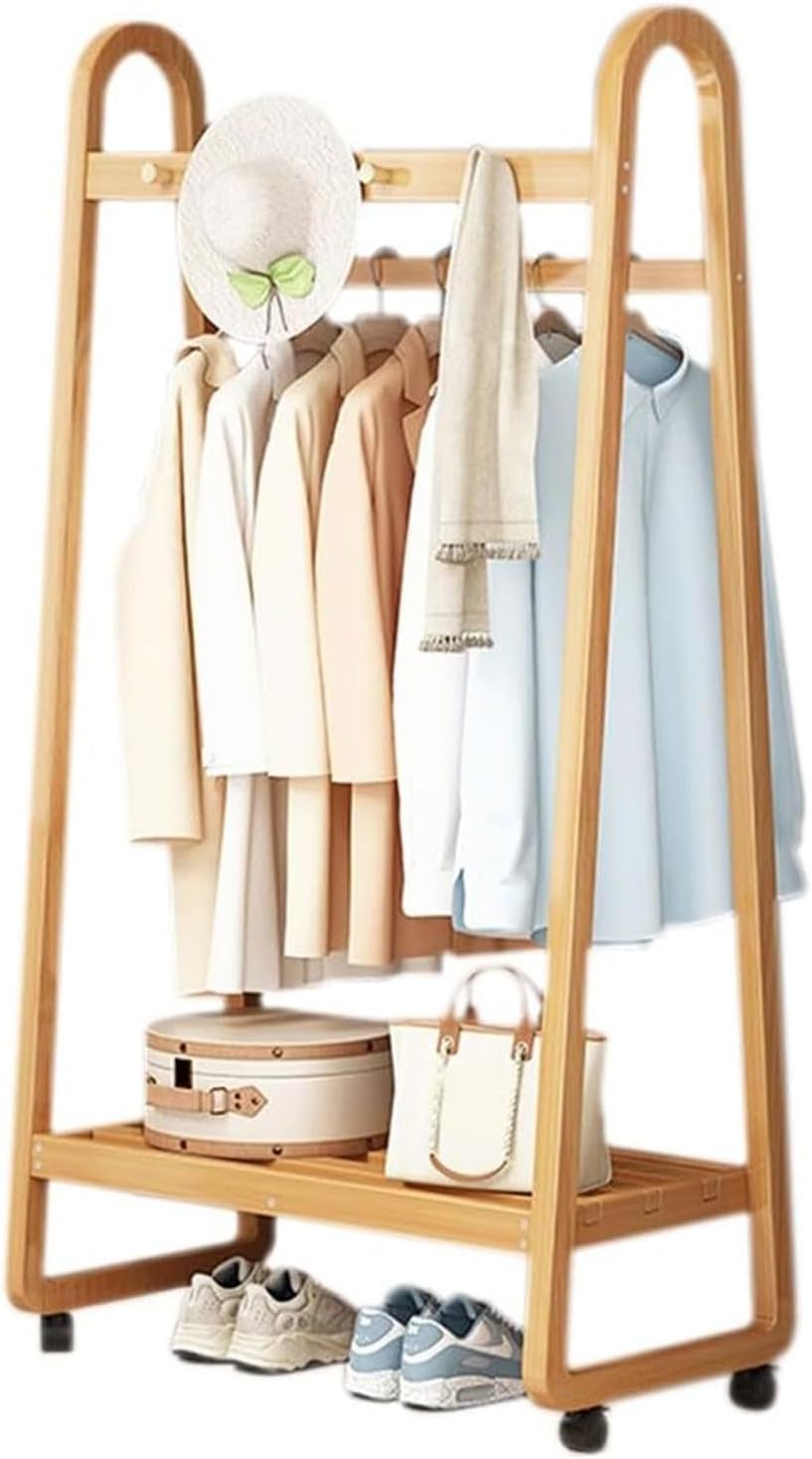 Bamboo Coat Clothes Hanging Rail on Wheels with Hooks and Shoes Storage Shelf Multifunctional Garment Rack Stand for Bedroom and Living Room (Walnut 50CM)