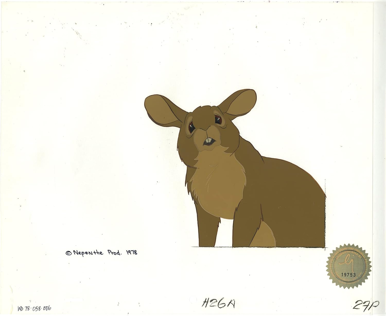 Watership Down 1978 Production Animation Cel of Pipkin with LJE Seal and COA 058-006