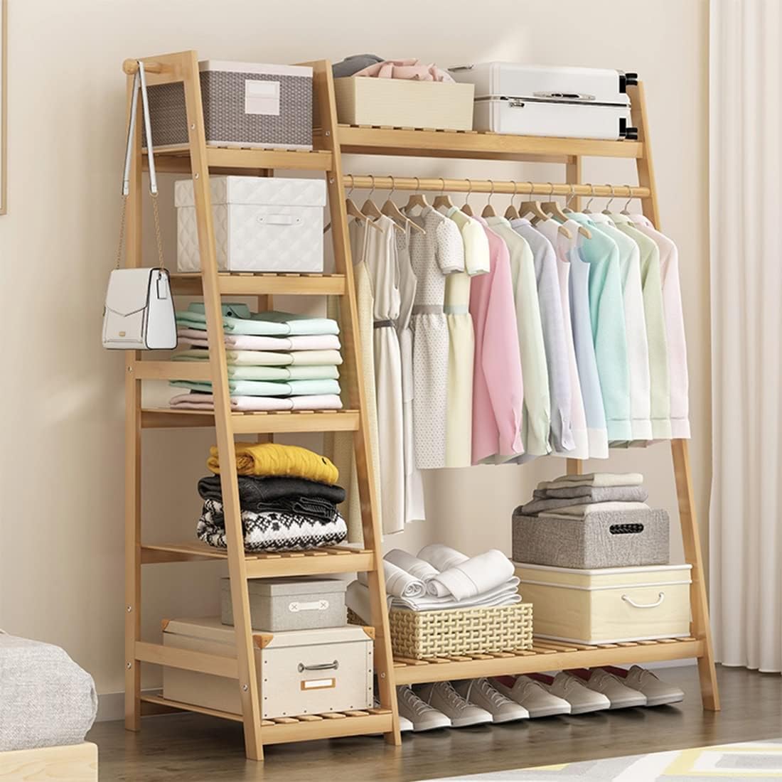 Coat Rack, Bamboo Garment Rack 5 Tier Storage Shelves Clothes Hanging Rack With 2 Side Hooks Heavy Duty Clothing Rack Portable Wardrobe Closet Organizer Space Saving