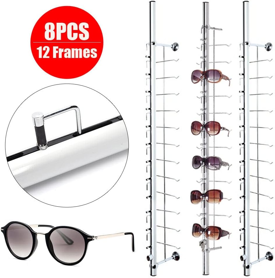 8pcs Sunglass Retail Display Stand Eyewear Display Wall Mount Glasses Holder Display Stand 12 Pairs Sunglasses Rack Holder Glasses Display Stand Lockable Eyeglasses Display Rod for Multiple Glasses