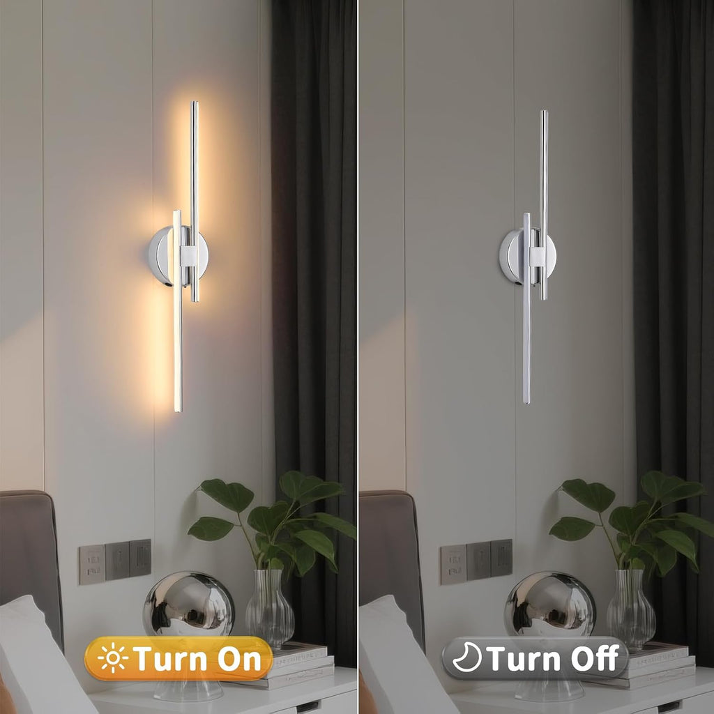 Rechargeable Battery Operated Wall Sconce Set Of Two, Chrome Wireless LED Wall Sconces With Remote Control, Dimmable 3 Colors Cordless wall lights for Living Room, bedroom, Hallway, 23.6 Inch ( 2pcs)