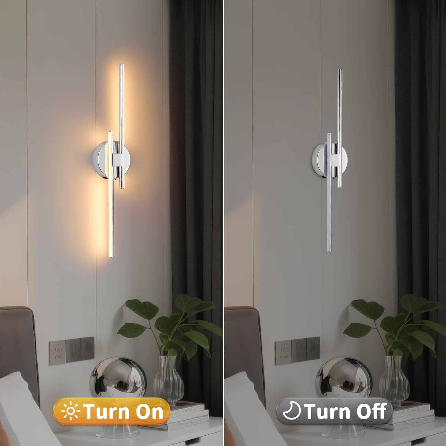 Rechargeable Battery Operated Wall Sconce Set Of Two, Chrome Wireless LED Wall Sconces With Remote Control, Dimmable 3 Colors Cordless wall lights for Living Room, bedroom, Hallway, 23.6 Inch ( 2pcs)