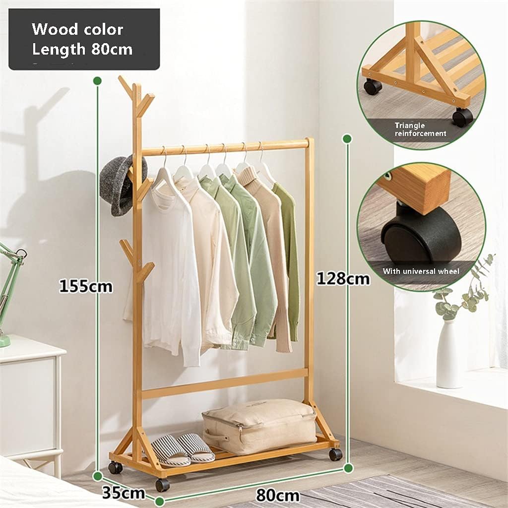 Floor-Standing Solid Wood Rotating Coat Rack，Bamboo Garment Coat Clothes Hanging Orga Rack with Rolling Wheels Easy to Install and Multifunctional Storage Shelves for Bedroom (Wood Color 80c