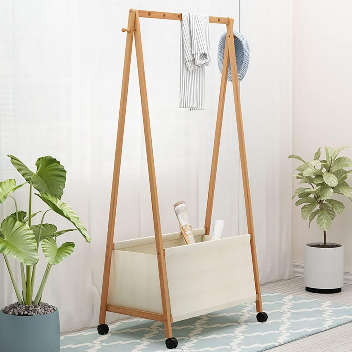 Foldable Clothes Hanging Rack, Bamboo Garment Rack on Wheels, for Bedroom Living Room, Space Saver/110 * 37 * 146Cm
