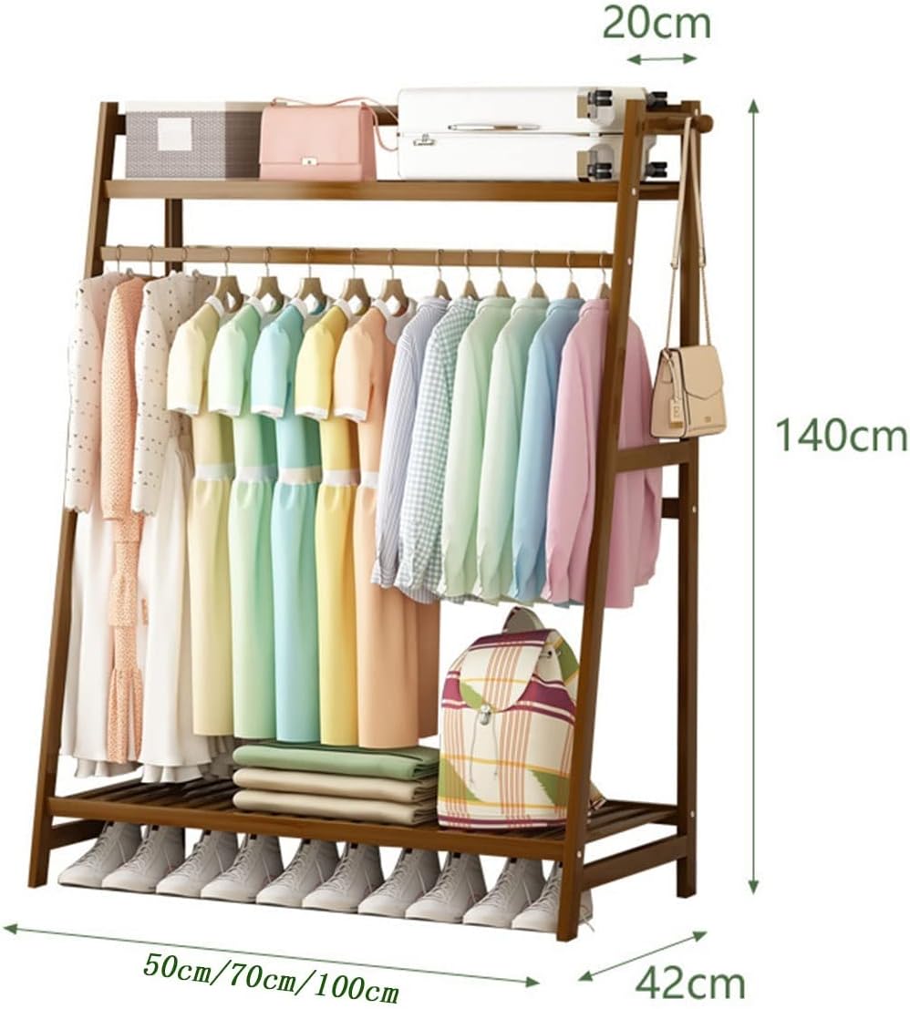 Bamboo Clothes Hanging Rack with 2 Tier Storage Shelves and 2 Coat Hooks Portable Organizer Garment Rack for Bedroom Guest Room/Brown/100 * 42 * 140Cm (Primary Color 50*42*140Cm)