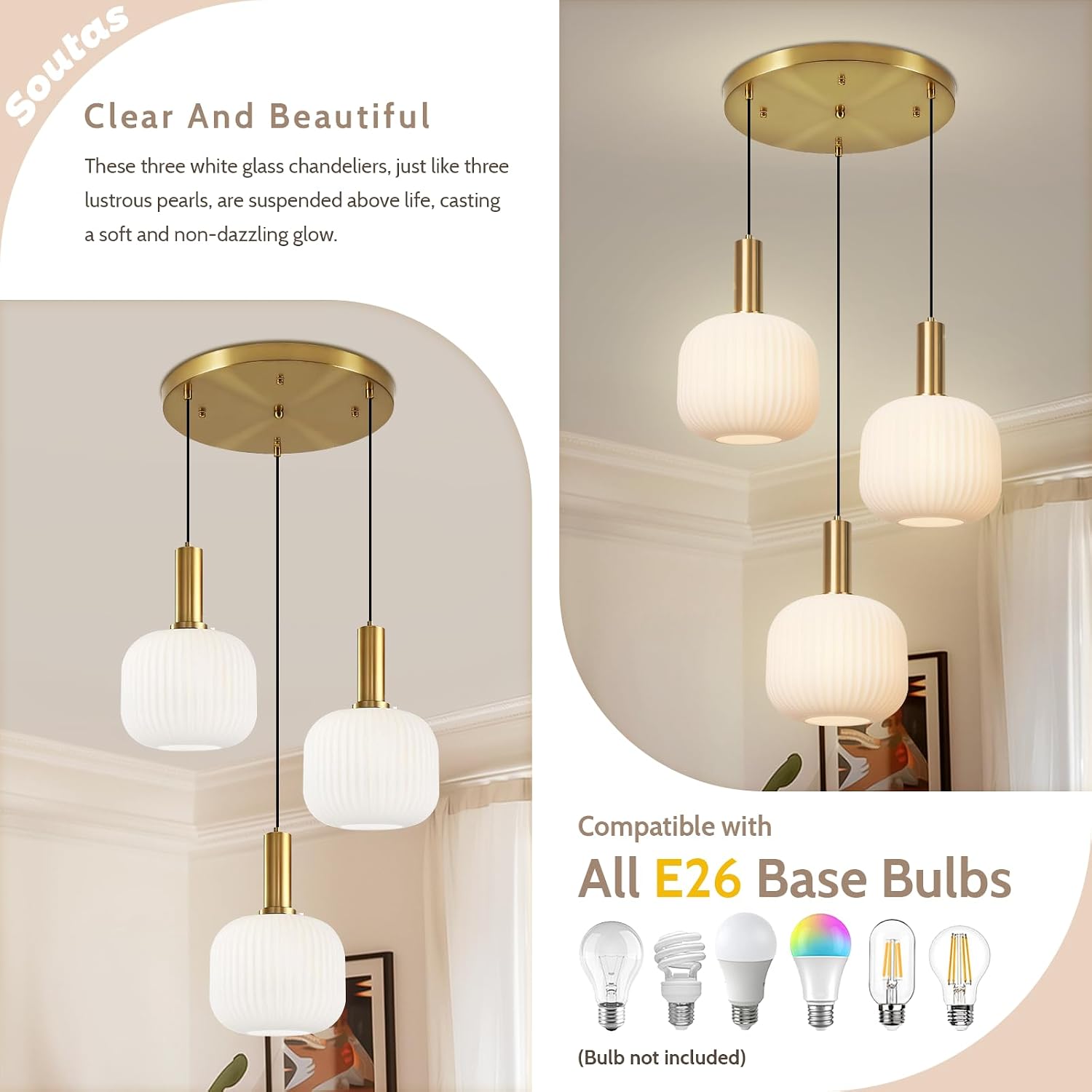 White Glass Pendant Light Fixtures 3-Light Cluster Ceiling Chandelier Milk Striped Globe Shade Adjustable Gold Hanging Light for Bedroom Kitchen Island
