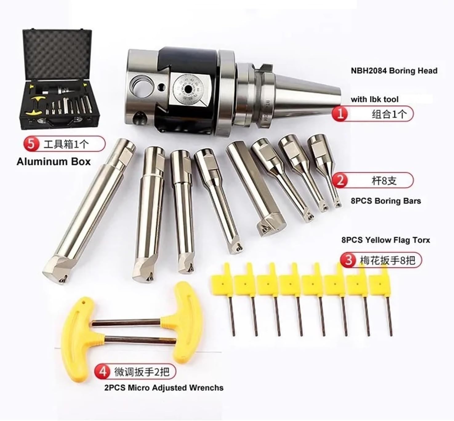 NBH2084 Boring Head Set BT30 BT40 NT40 SK40 R8 MT5 MT4 MT3 8pcs 20mm Boring Bar Rang 8-280mm Boring Tool Set(MTA4-NBH2084)