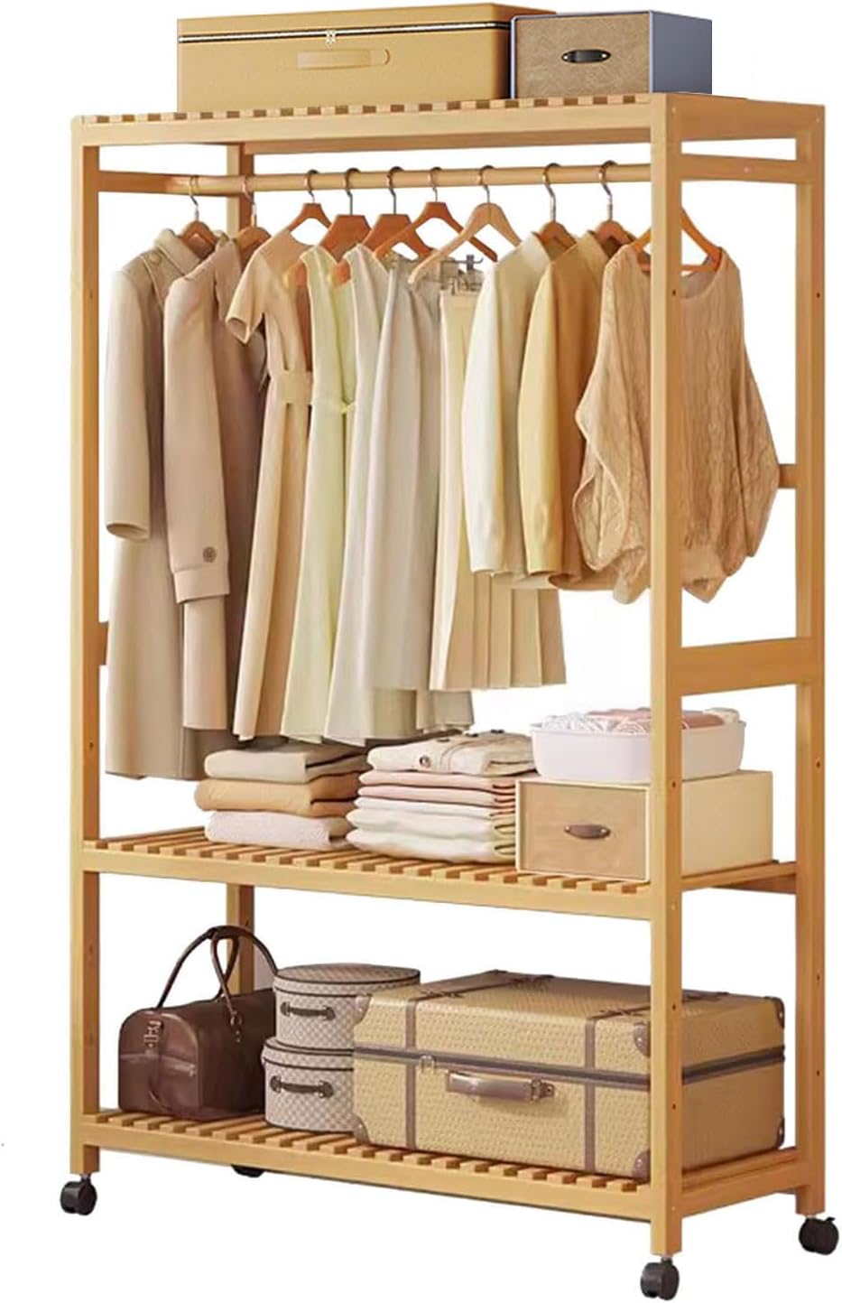 Freestanding Coat Garment Rack with Top Shelf, Bamboo Stand Clothes Rail with 3 Tiers Storage Shelves Organizer, Hanging Rod and Shoe Rack, Open Wardrobe Closet Organiser for Bedro