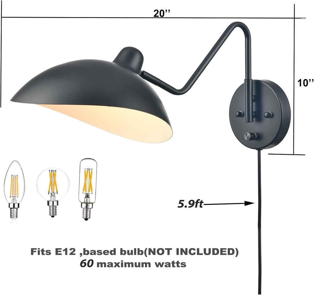 Plug in Wall Light Black Plug in Wall Sconces Set of 2 Swing Arm Wall Lamp Bedsides Hardwired On/Off Switch for Bedroom Living Room