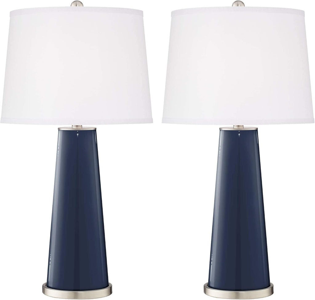 Color + Plus Leo 29 1/2' Tall Modern Coastal End Table Lamps Set of 2 Naval Blue Finish Glass Fabric White Shade Living Room Bedroom Bedside Nightstand House Office Family Reading Kitchen Entryway