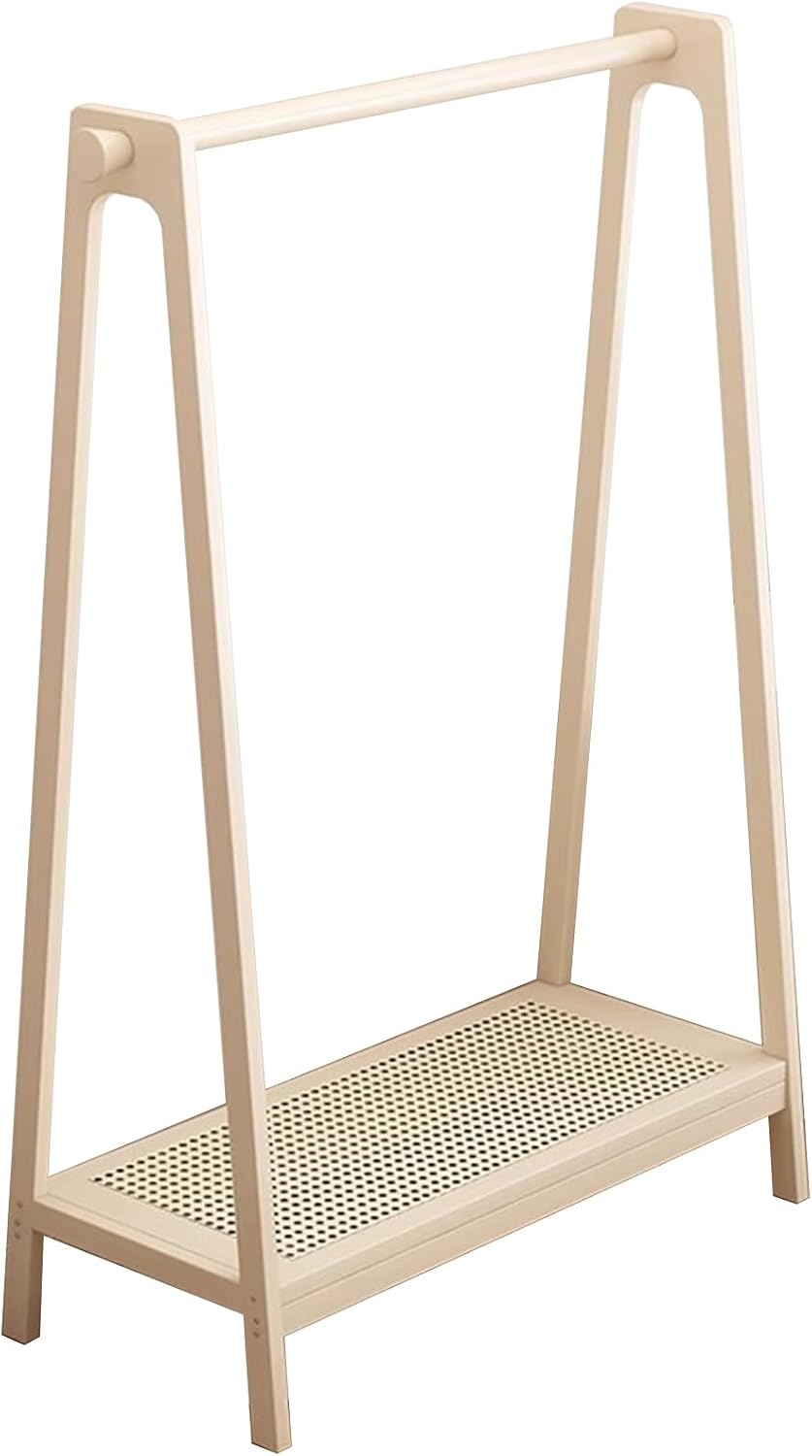 Garment Rack Bamboo Clothes Rack With Shelves 2 Hooks, Modern And Elegant A-shape Clothing Rack For Hanging Clothes, Space-Saving Wardrobe Organizer For Entryway And Bedroom, Creamy(Size:95X36X154CM)