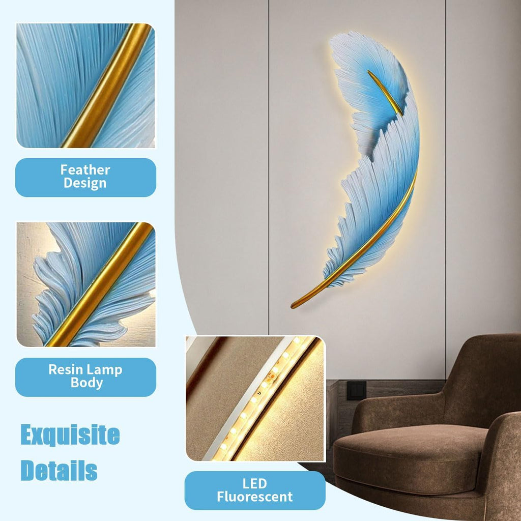 Art Deco Wall Light Modern led Wall Light Sconce Blue Feather Design 3000k-6000k Mid-Century Wall Lights Feather lamp Dimmable Sconce for Bedroom Living Room Dining Room Hallway