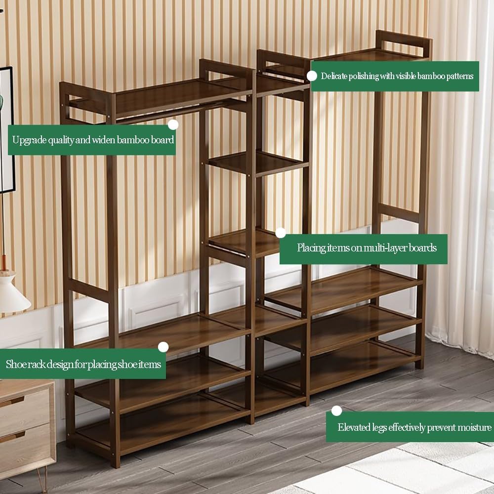 Bamboo Coat Stand with Storage Shelves and Compartments Portable Clothes Rack for Bedroom and Entryway