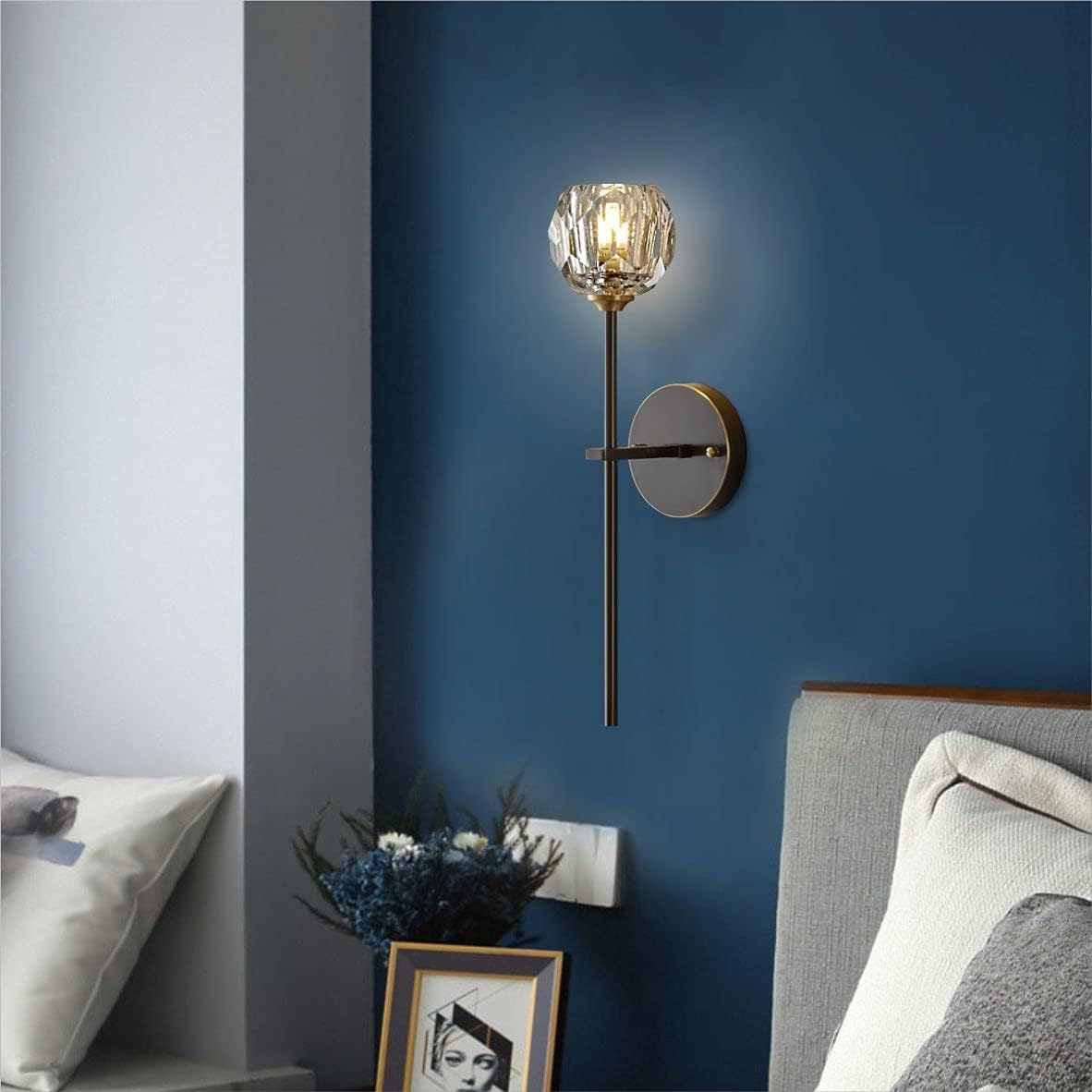 BOKT Mid Century Matte Black Crystal Wall Sconce Lighting Set of 2 Modern Long Metal Wall Light Set of Two 1-Light Clear Glass Wall Lamp Retro Industrial Crystal Bathroom Vanity Light Fixture