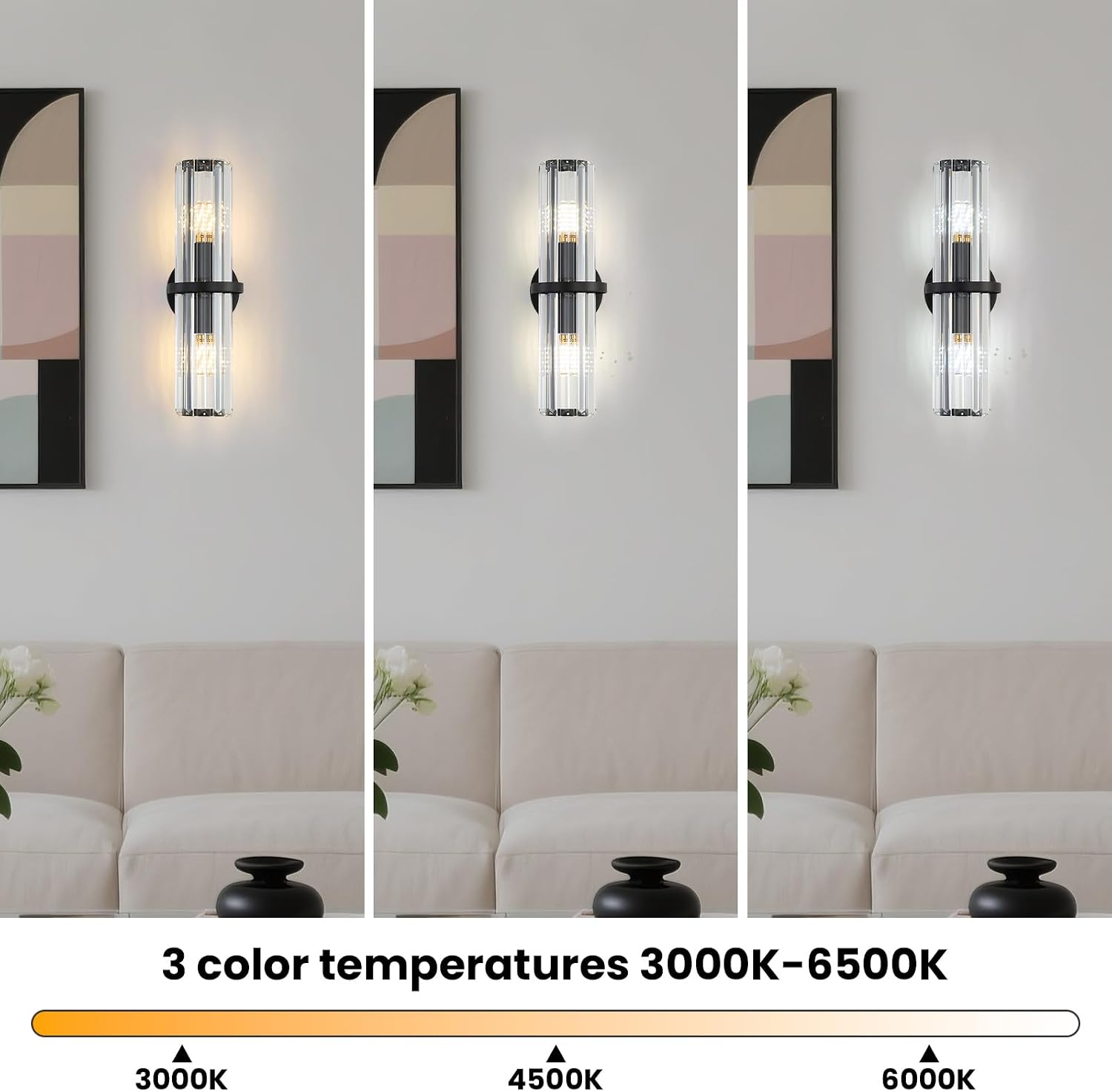 Crystal Wall Sconce Set of Two, 2-Light Black Luxury Indoor Vanity Wall Lamp, 15.7-Inch Upper and lower illuminated Bathroom Light Fixtures, for Living Room, Bedroom, Bathroom, Hallway, Mirror, E26