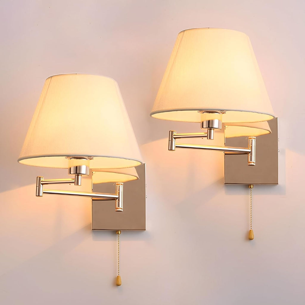 Swing Arm Wall Sconces Set of 2, Indoor Wall Lamp with White Beige Shade Reading Wall Light Fixture with On/Off Switch for Living Room Doorway Study Room Bedroom Bedside