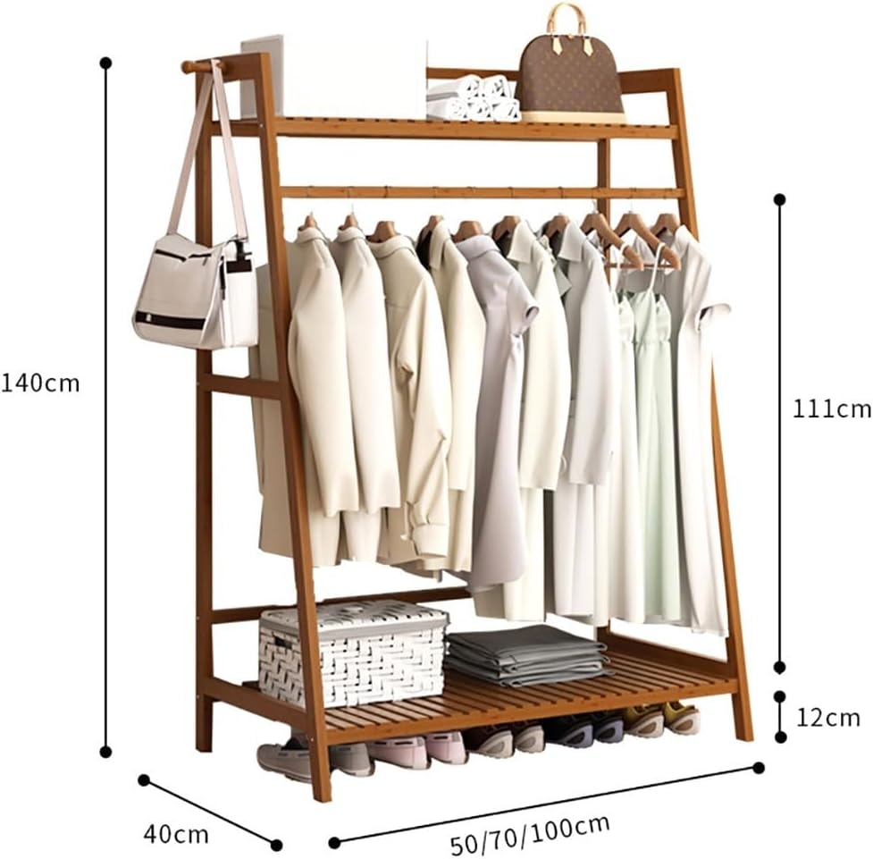 Bamboo Freestanding Coat Garment Rack with Hanging Rod and Trapezoid Structure Open Wardrobe Clothing Storage for Bedroom and Hallway