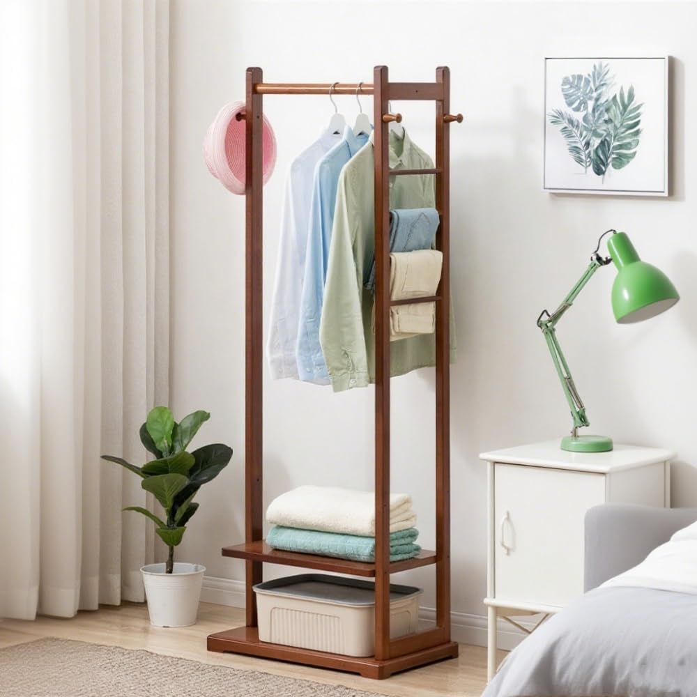 Bamboo Clothing Rack with Shelves and Side Hooks, Freestanding Garment Rack for Hanging Clothes, Floor-Standing Clothes Organizer for Bedroom or Living Room(Brown)