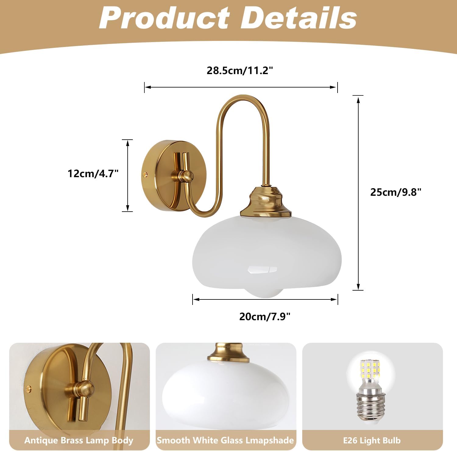 KCO Lighting Brushed Gold Wall Sconces Set of Two Milk Glass Wall Sconce Mid Century Modern Wall Sconce Frosted Globe Vanity Light Bathroom Sconces Wall Lighting Set of 2