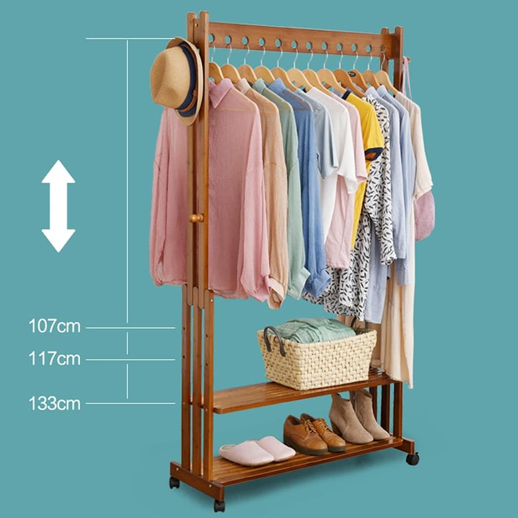 Coat Rack, Clothes Rack Bamboo Garment Rack Clothes Rail Heavy Duty Coat Racks Hanger with Top Rod and Wheels for Hanging Clothes Folding Clothes Shoes Decors