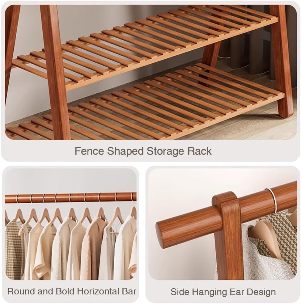 Bamboo Clothes Rail for Bedroom Storage Open Wardrobe with 2 Shelves Versatile Garment Rack for Hanging Clothes Towels Shoes & Boxes Space Saving nizer