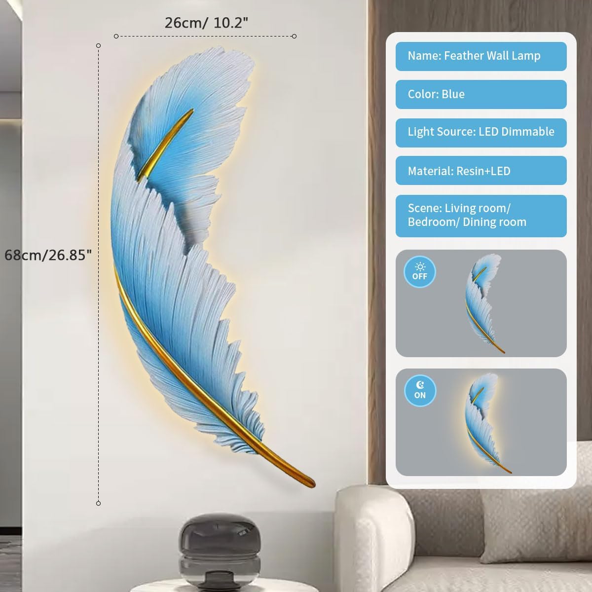 Feather Wall Sconce Modern led Wall Light Sconce Blue Feather Design Art Deco Wall Light Mid-Century Wall Lights Dimmable Sconce for Bedroom Living Room Dining Room Hallway