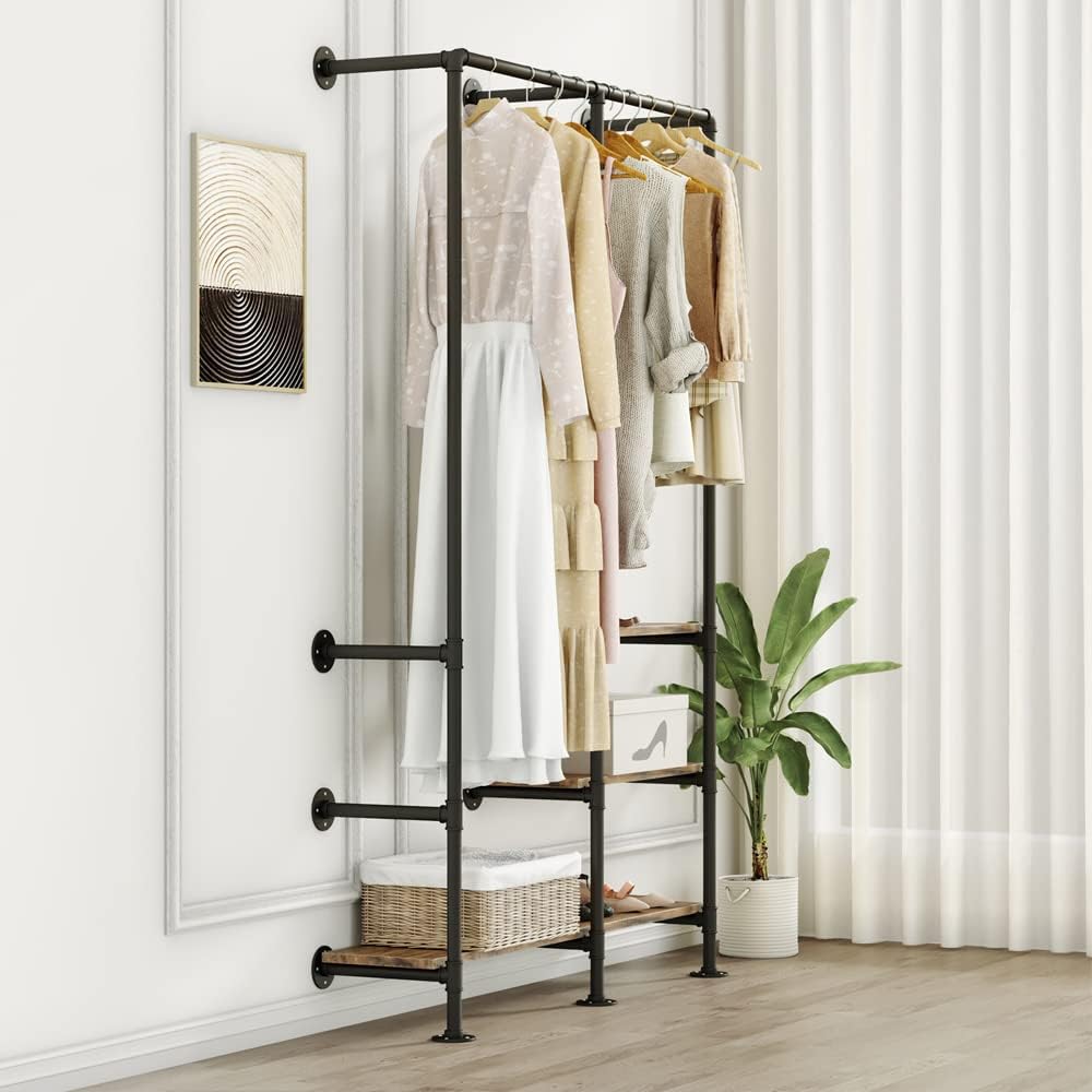 Industrial Pipe Clothing Rack with Shelves, Wall Mounted Garment Rack, Heavy Duty Choset Clothes Rack for Indoor Bedroom and as walk-in Closet System(Black)