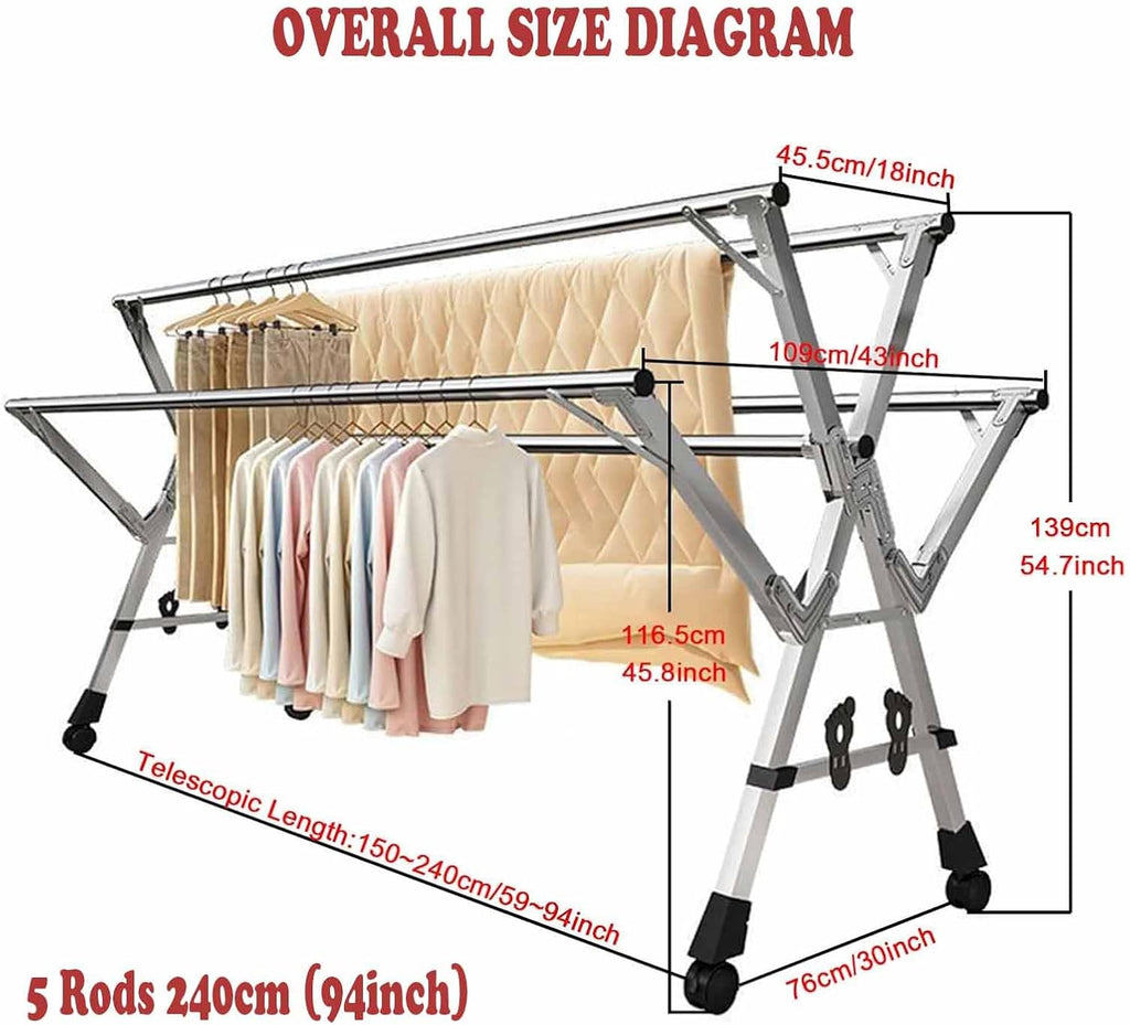 5Poles Folding Clothes Drying Rack,Stainless Steel Laundry Rack with Wheels, Blanket Rack,Clothe Sline, Extendable,with Windproof Hooks,for Indoor Outdoor