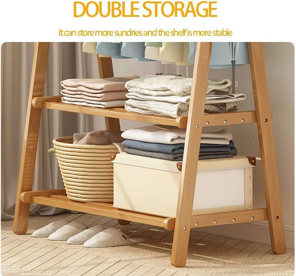 Double Layer Bamboo Clothes Rail with 160cm Hanging Height, Lightweight Foldable Coat Stand, Versatile Garment Rack for Bedroom, Stylish Storage Solution L:66/86/116CM