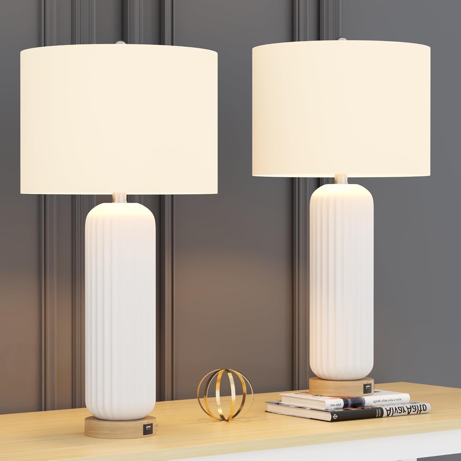Maxax 28' Ceramic Table Lamps Set of 2, White Modern Nightstand Lamp with USB Charging Port, 3 Way Dimmable Bedside Lamp with Linen Shades for Bedroom, Living Room and Office