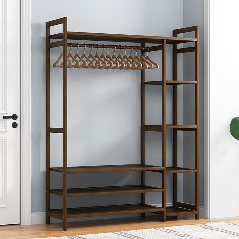 Bamboo Coat Stand with Storage Shelves and Compartments Portable Clothes Rack for Bedroom and Entryway