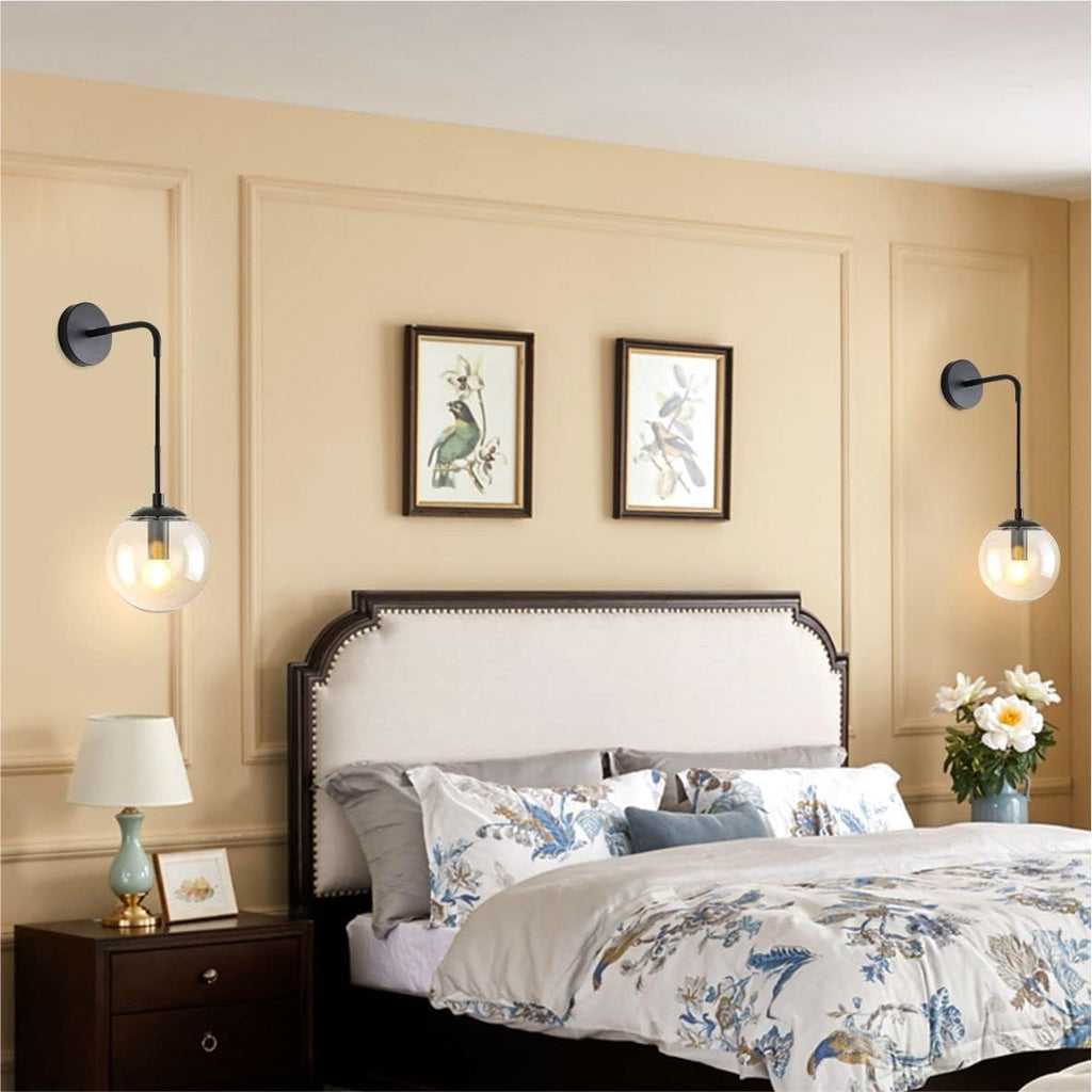 BOKT Matte Black Amber Glass Round Wall Sconce Light Set of Two Mid Century Modern Globe Bathroom Wall Sconce Lamp Set of 2 Farmhouse Industrial Adjustable Bar Wall Light Fixture (Amber)
