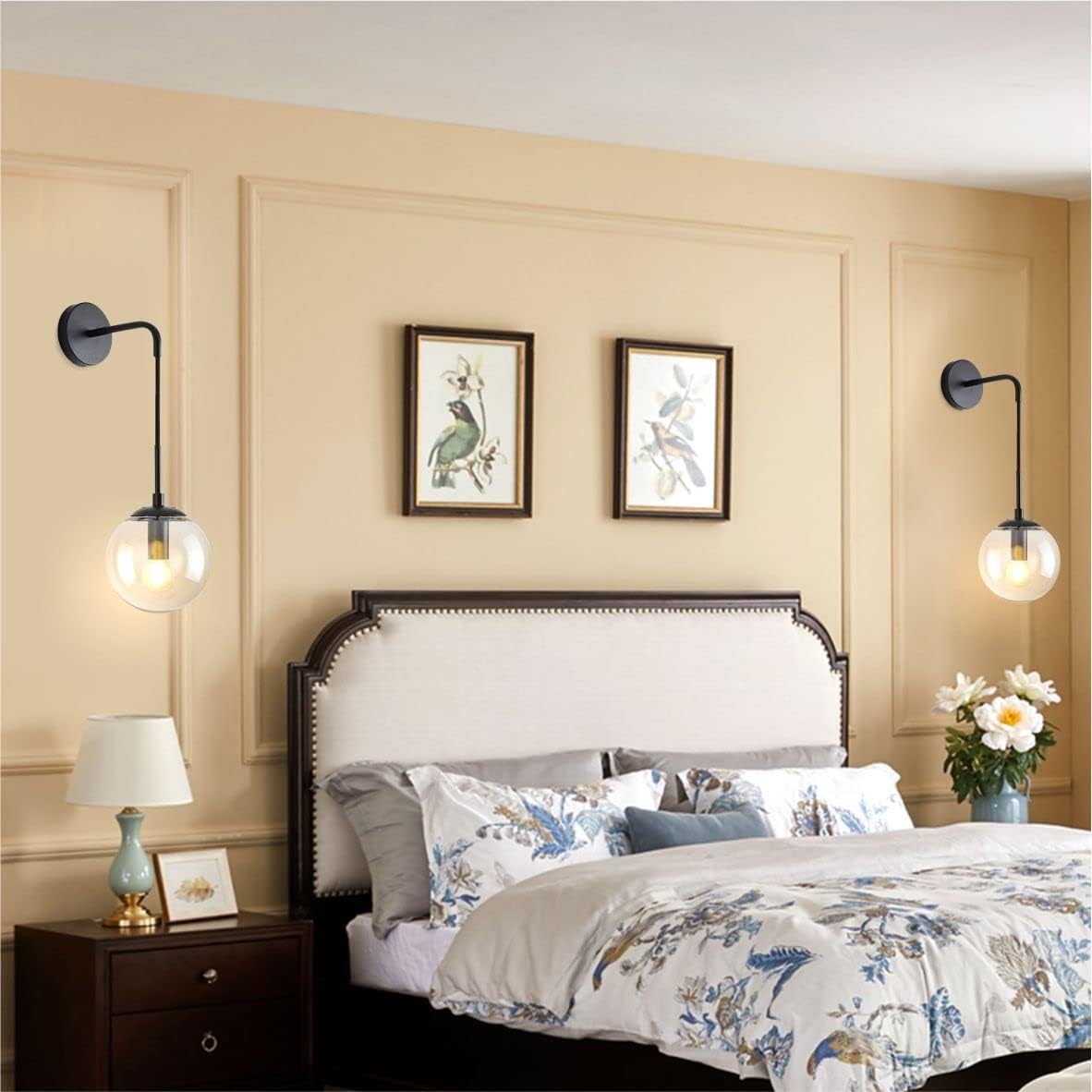 BOKT Matte Black Amber Glass Round Wall Sconce Light Set of Two Mid Century Modern Globe Bathroom Wall Sconce Lamp Set of 2 Farmhouse Industrial Adjustable Bar Wall Light Fixture (Amber)