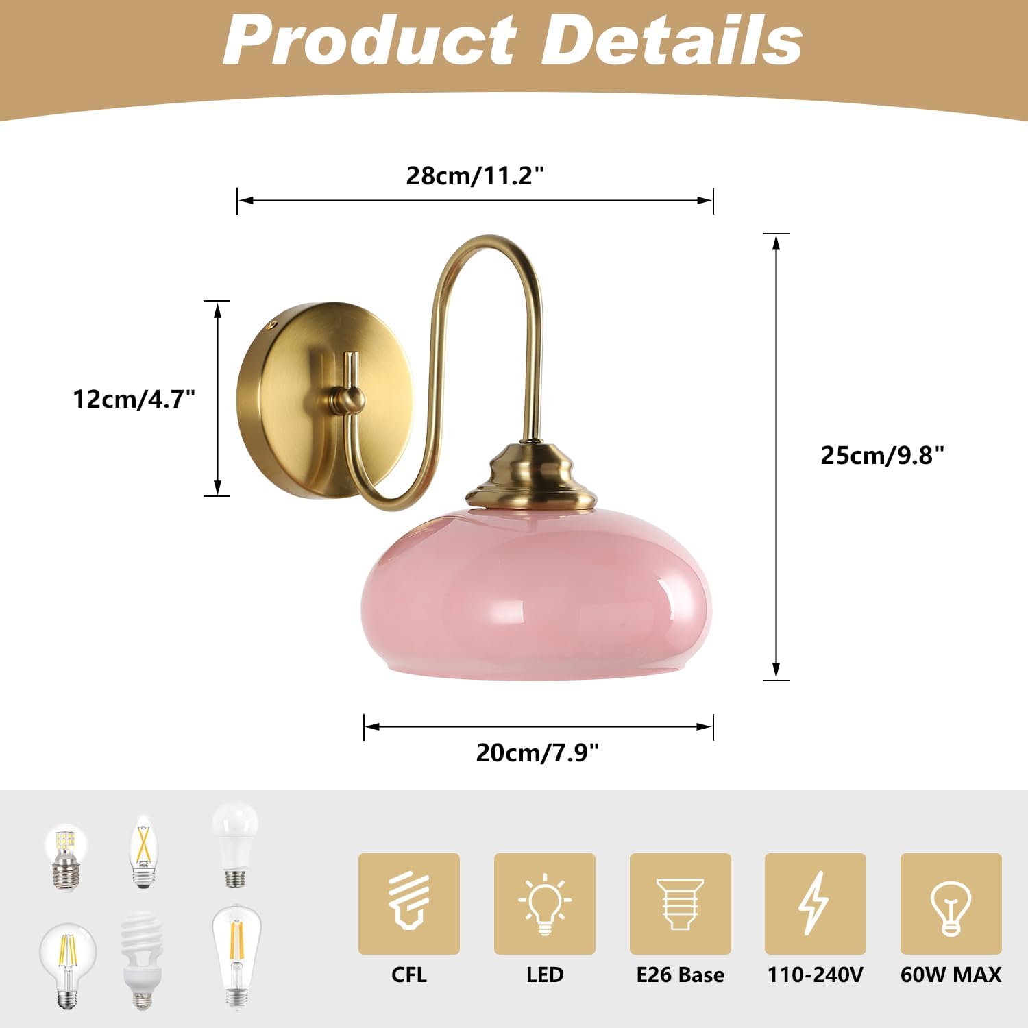 KCO Lighting Pink Wall Sconce Brushed Gold Bathroom Light Fixtures Glass Globe Wall Light Mid Century Modern Wall Sconce Vintage Bathroom Sconces Wall Lighting Set of 2