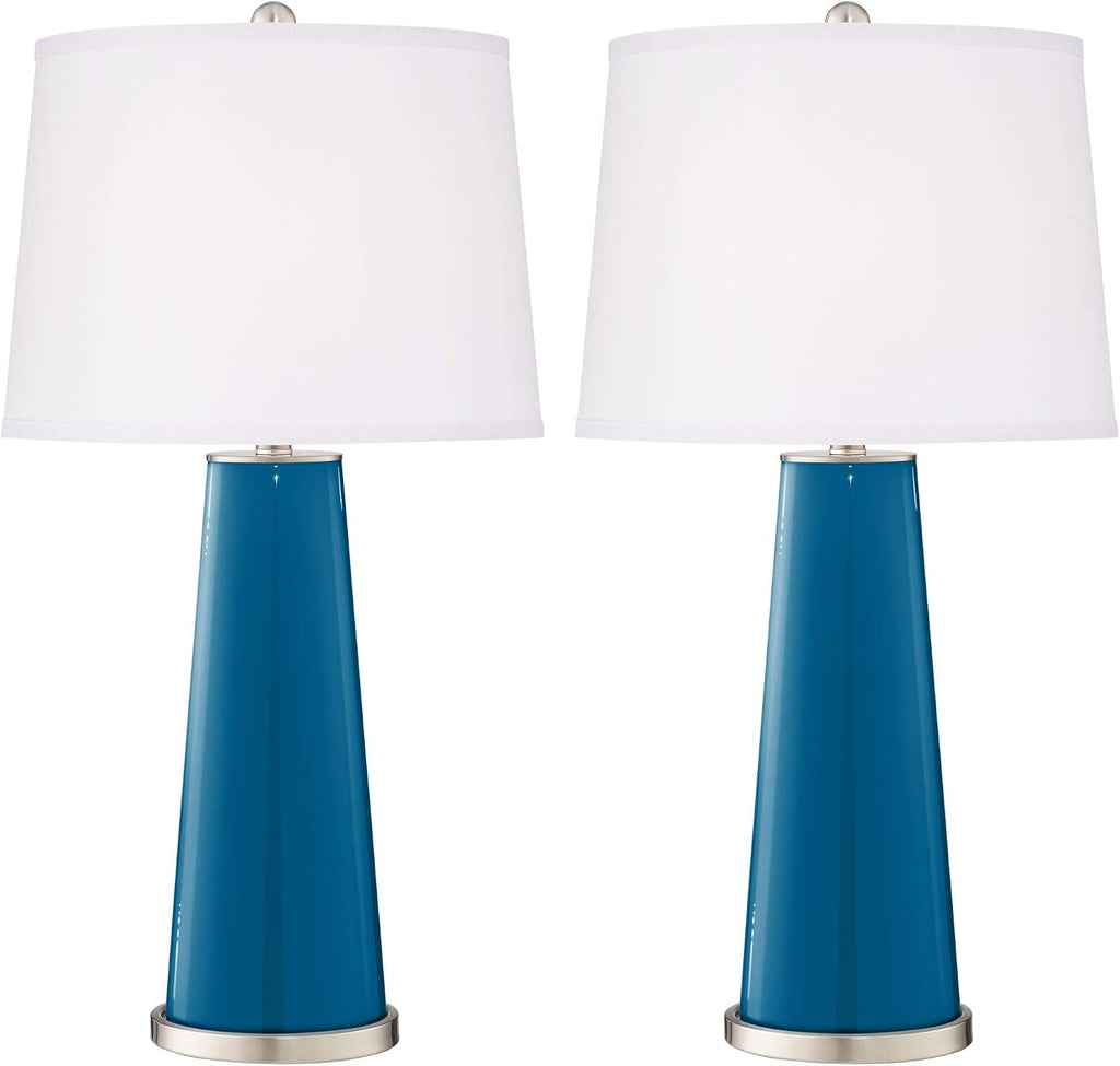 Color + Plus Leo 29 1/2' Tall Cylinder Modern Coastal End Table Lamps Set of 2 Mykonos Blue Brushed Nickel Finish Glass White Shade Living Room Bedroom Bedside Nightstand House Office Home Reading